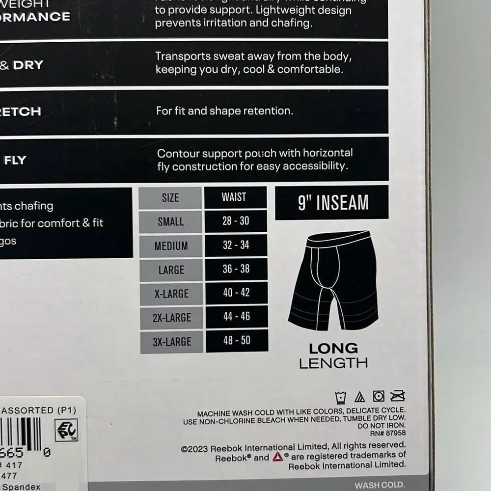 Reebok Men's Performance‎ 9” inseam Boxer Brief 3 Pack Featherweight 2XL 44-46